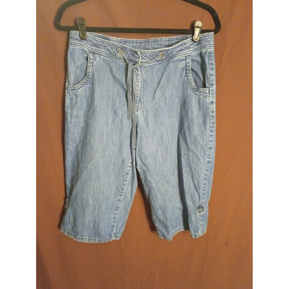 Classic Elements denim capris or long shorts featuring a functional drawstring